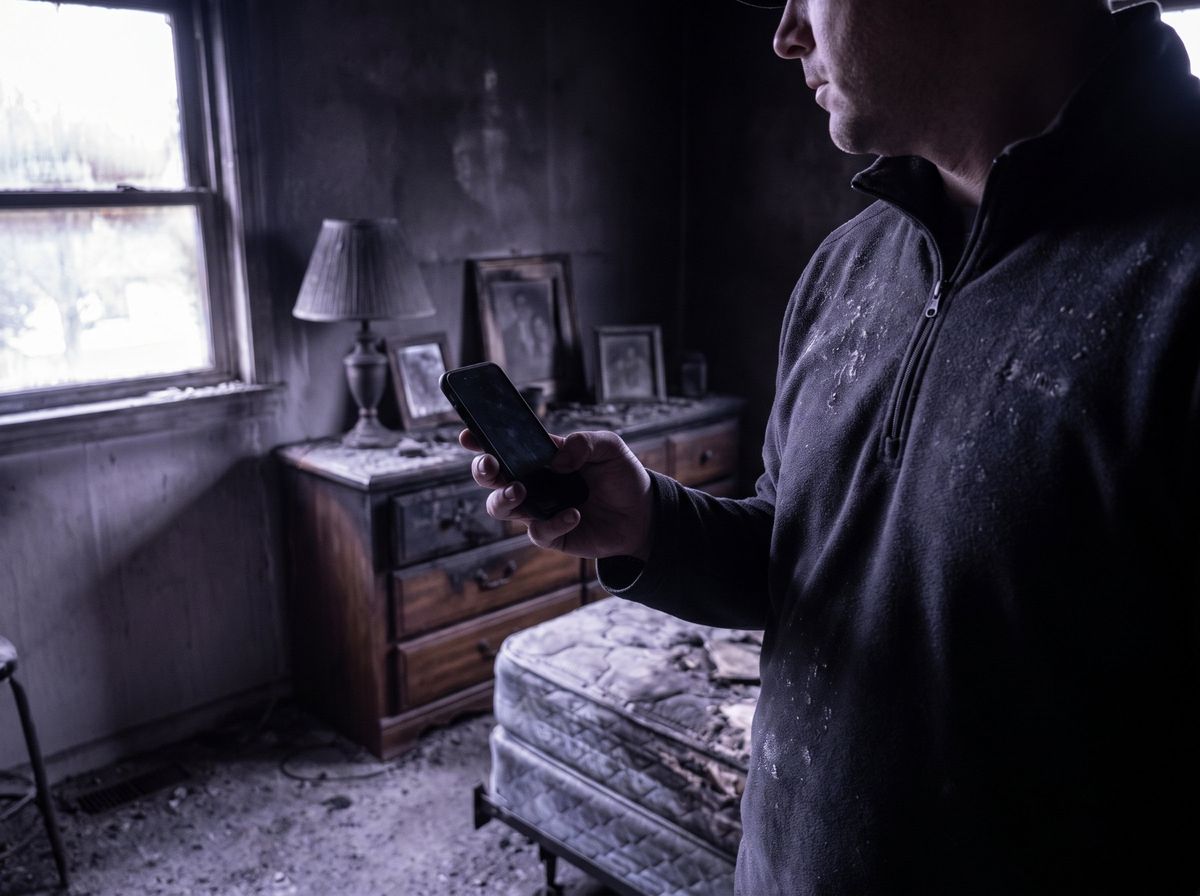 Adjuster photographing a fire-damaged bedroom